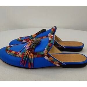 New! Farm Rio Women's Colorful Beaded Embroidered Blue Mules Sz 7